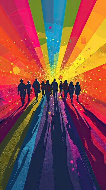 silhouette di un gruppo di persone sullo sfondo dei colori dell'arcobaleno diritti LGBT verticali