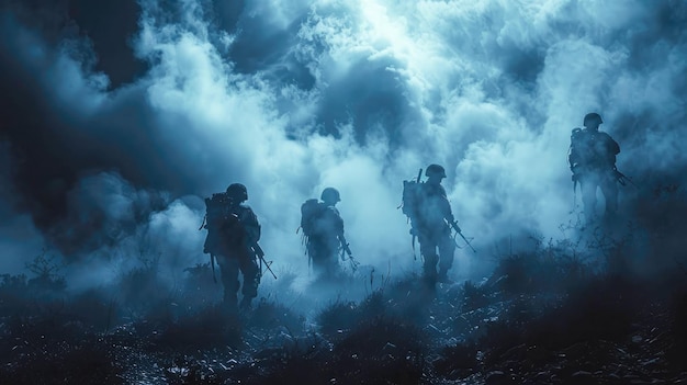 Silhouette di un gruppo di soldati sullo sfondo di fumo rosso e blu