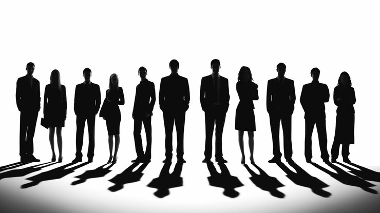 Foto silhouette di un gruppo di uomini d'affari in piedi in una fila generativa ai
