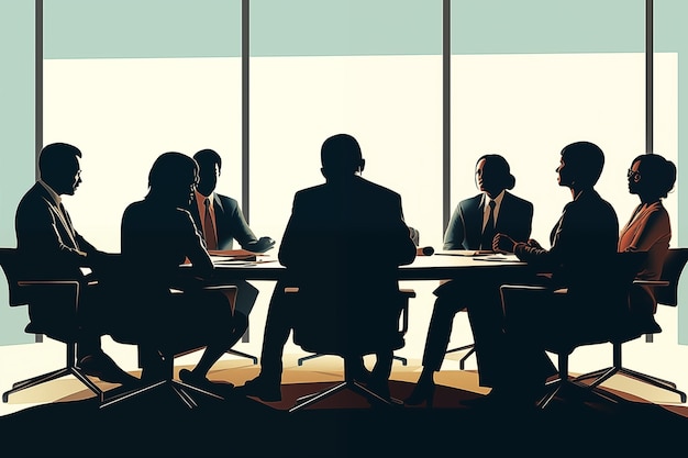 Silhouette di un gruppo di uomini d'affari nella sala conferenze Illustrazione a colori
