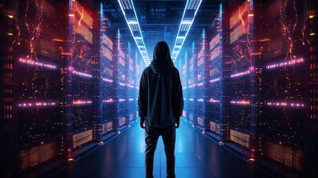 Silhouette di un hacker maschio in una sala server generata dalla rete neurale ai