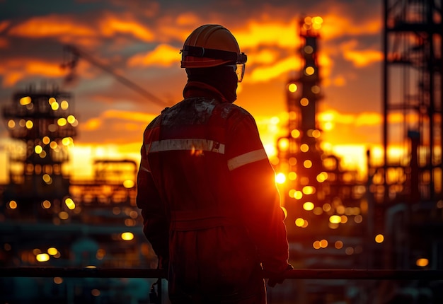 Silhouette di un ingegnere che guarda avanti con l'impianto dell'industria della raffineria di petrolio sullo sfondo
