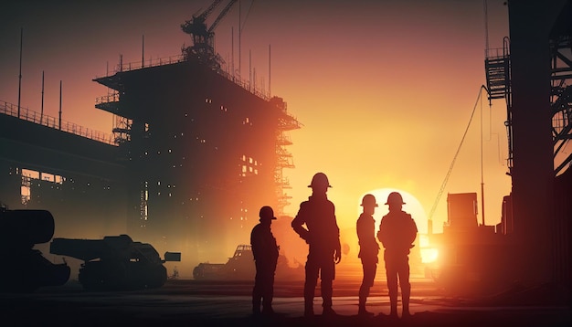 Silhouette di un ingegnere e del suo team di costruzione che lavorano in un cantiere su uno sfondo nebbioso di un tramonto pastello per uno sfondo industriale con Light Fair Generative AI