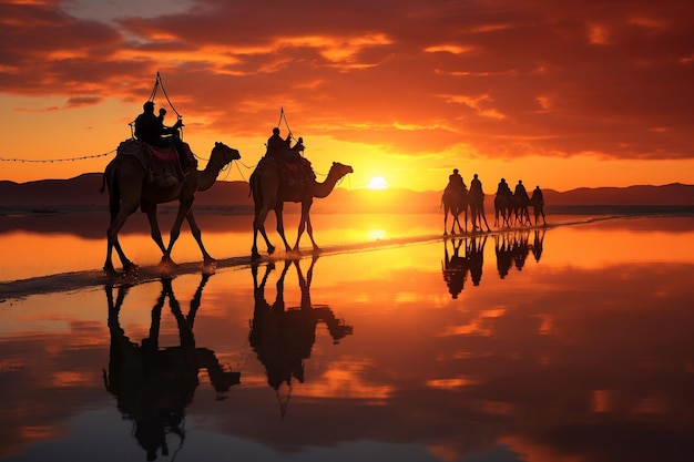 Silhouette di un mandriano che guida una carovana di cammelli Generative Ai