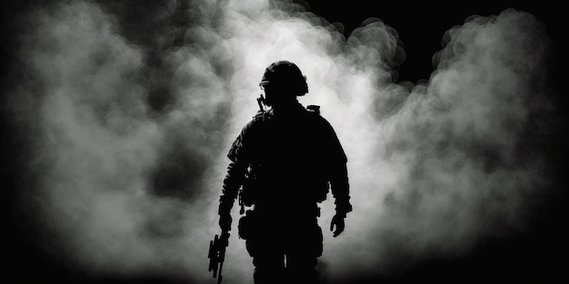 Silhouette di un militare in piedi su uno sfondo scuro e fumo