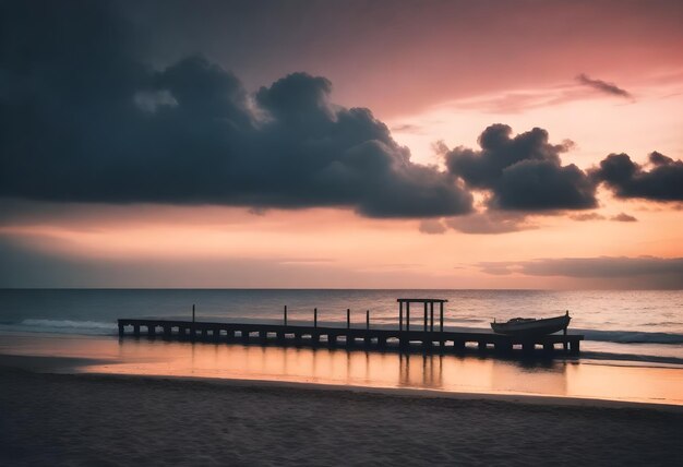 Silhouette di un molo di legno e di una piccola barca su una spiaggia durante il tramonto con nuvole scure nel cielo