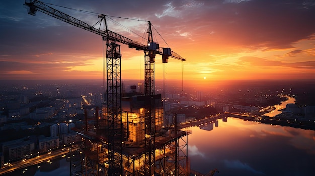 silhouette di un operaio edile che lavora sul cantiere e della gru a torre al tramonto