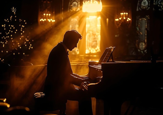 Silhouette di un pianista che suona in una stanza poco illuminata con illuminazione ambientale, un momento di passione e musica AI