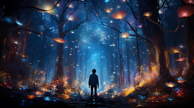 Silhouette di un popolo in piedi nel mezzo di una foresta leggera astratta fantasy in teamlab