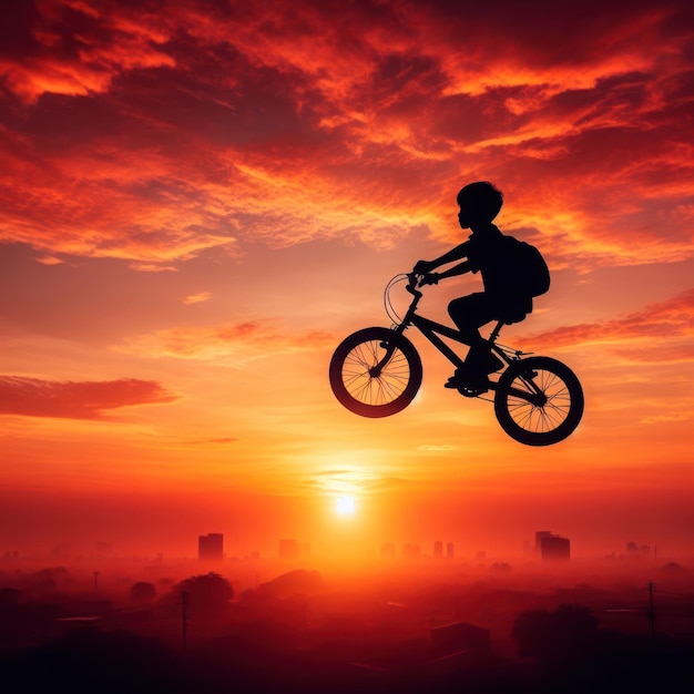 Silhouette di un ragazzino in bicicletta sullo sfondo del tramonto