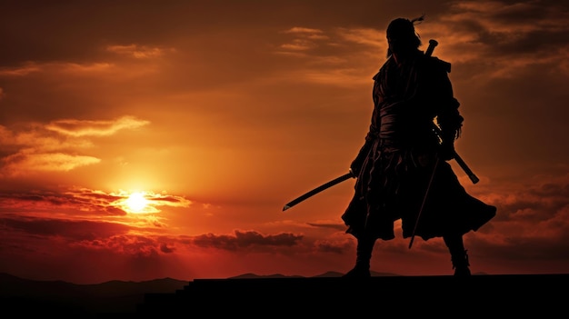 Silhouette di un samurai in posa durante il tramonto