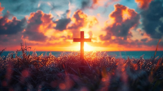 Silhouette di un simbolo religioso una croce sulla riva contro uno sfondo al tramonto AI generativa