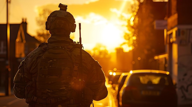 Silhouette di un soldato che pattuglia al tramonto in un ambiente urbano presenza militare in città durante l'ora d'oro immagini evocative e potenti AI