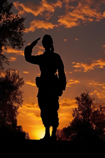 Silhouette di un soldato che saluta al tramonto creata con l'IA generativa