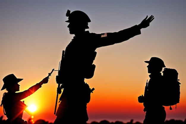 Silhouette di un soldato che saluta contro l'alba concetto di protezione patriottismo onore
