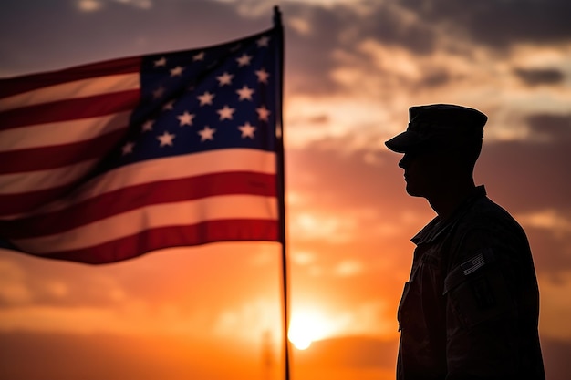 Silhouette di un soldato sulla bandiera degli Stati Uniti al tramonto