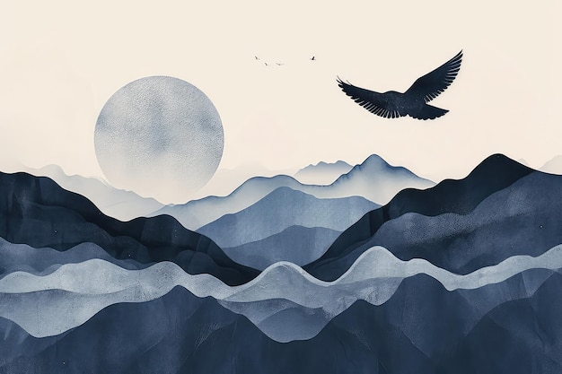 Silhouette di un uccello su una roccia sotto la luna piena paesaggio con uccelli volanti rappresentazione concettuale della calma della notte