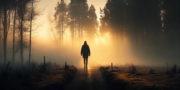 Silhouette di un uomo che cammina camminando verso la libertà della foresta nebbiosa e il concetto di viaggio Alba generativa ai