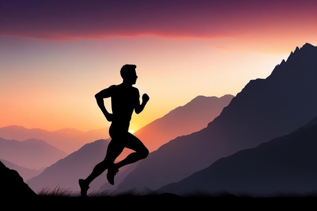 Silhouette di un uomo che corre nelle montagne al tramonto Poster del concetto di stile di vita sano