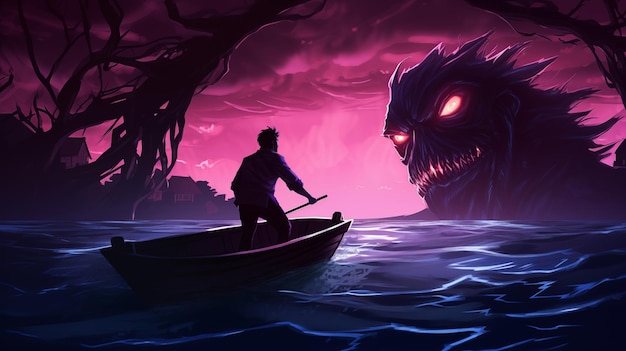 Silhouette di un uomo che galleggia su una barca sul lago accanto a un grande mostro sullo sfondo