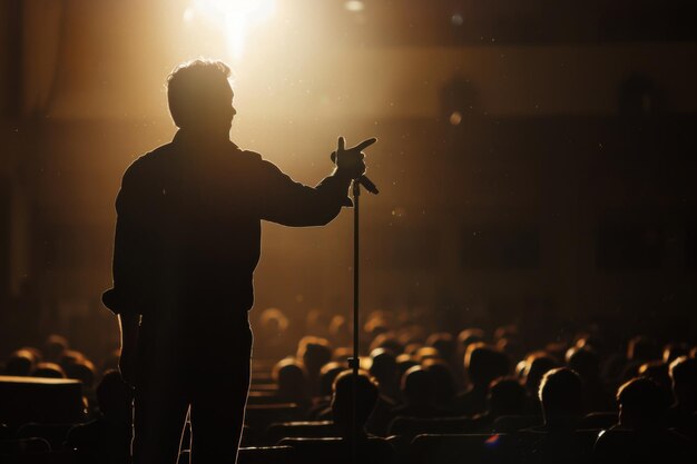 Silhouette di un uomo che pronuncia un discorso sul palco