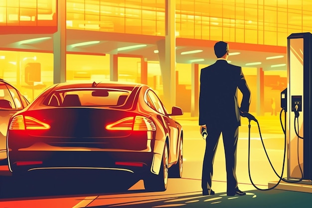 Silhouette di un uomo che rifornisce di carburante un'auto sportiva in una stazione di rifornimento AI generativa