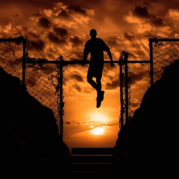 silhouette di un uomo che si arrampica su una scala e il tramonto