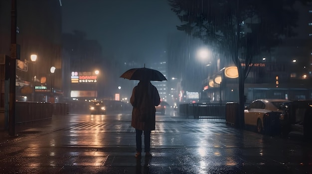 Silhouette di un uomo che tiene un ombrello in una forte pioggia nel centro della città di notte