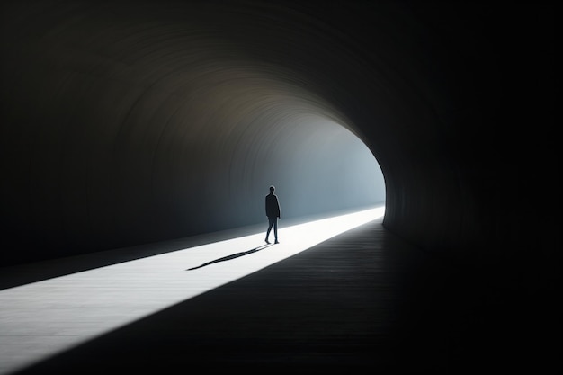 Silhouette di un uomo con la luce alla fine di un tunnel