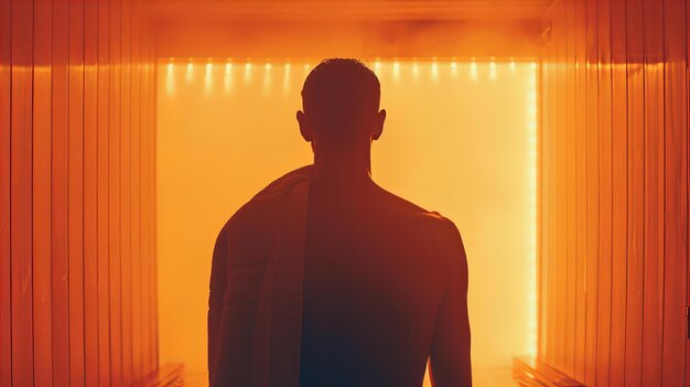 Silhouette di un uomo con un asciugamano in un'illuminazione drammatica