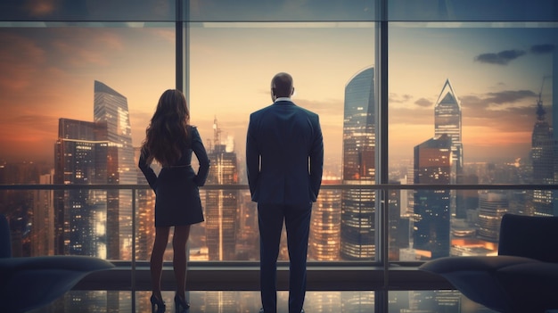 Silhouette di un uomo d'affari o di un dirigente che guarda il paesaggio urbano dalla finestra dell'ufficio
