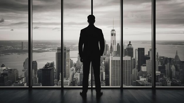 Silhouette di un uomo di successo in piedi da una finestra che si affaccia sull'isola di Manhattan