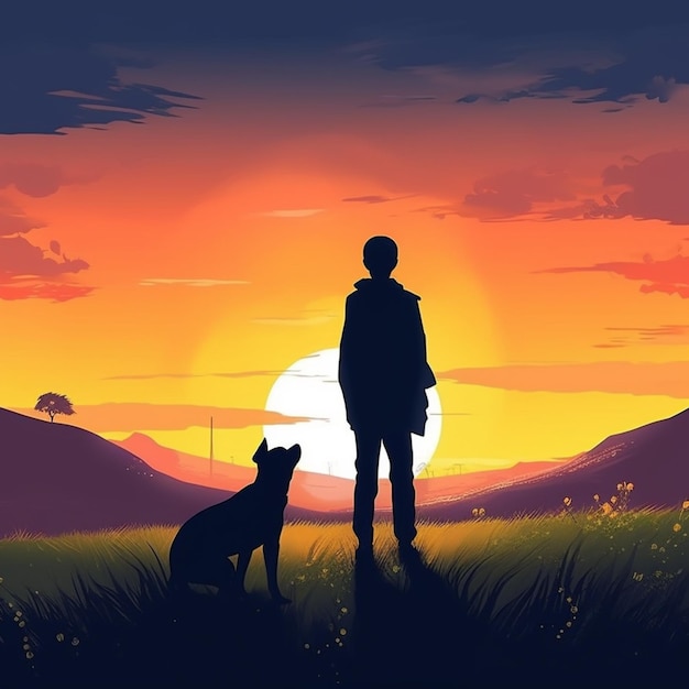 Silhouette di un uomo e del suo cane in un campo al tramonto