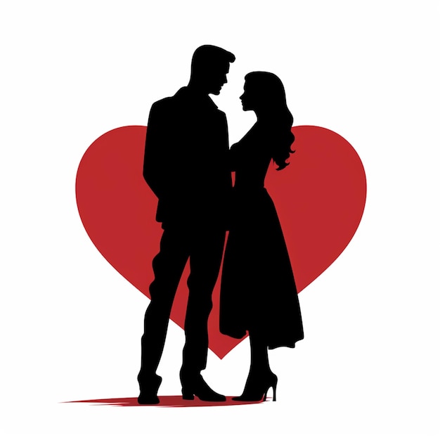 silhouette di un uomo e di una donna in piedi davanti a un cuore ai