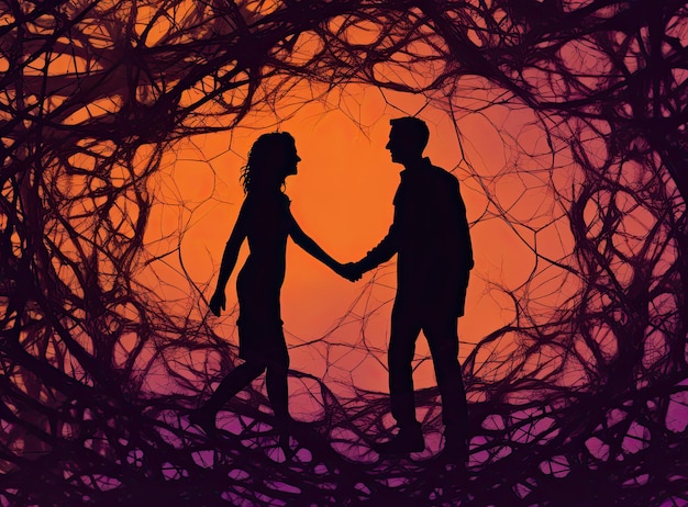 Silhouette di un uomo e di una donna sullo sfondo di alberi