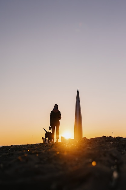 Silhouette di un uomo e un cane al tramonto sulla riva del mare o del lago donna o uomo con un cane