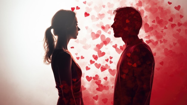 Silhouette di un uomo e una donna di fronte l'uno all'altro con cuori rossi che galleggiano