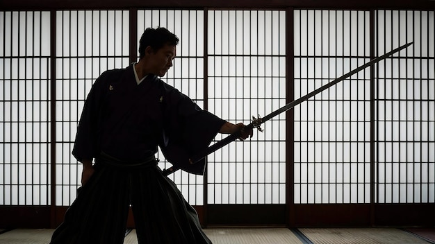 Silhouette di un uomo giapponese in kimono che si esercita con una tradizionale spada katana giapponese