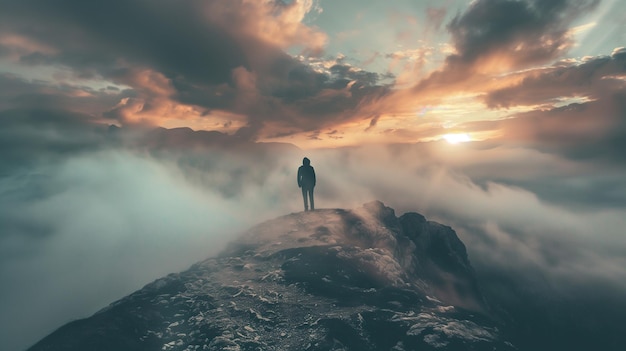 Silhouette di un uomo in piedi su una montagna al sole mattutino