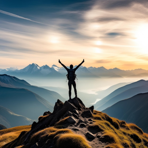 silhouette di un uomo in piedi sulla cima delle montagne e alza le mani al cielo