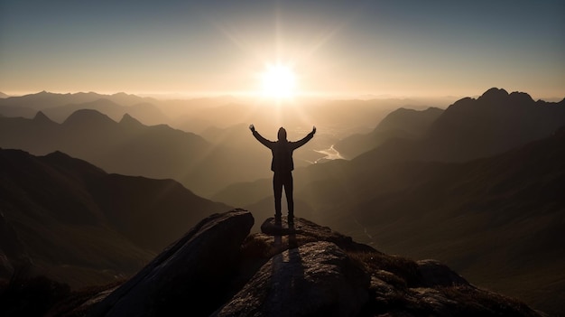 Silhouette di un uomo in piedi sulla cima di una montagna con le braccia alzate 3D rendering generato ai