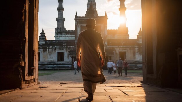 Silhouette di un uomo musulmano che entra in una moschea per pregare in una vecchia moschea di phra nakhon si ayuttha