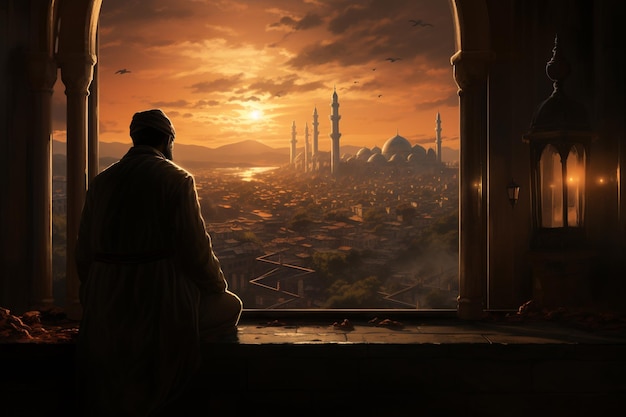 Silhouette di un uomo musulmano che prega nella moschea al tramonto