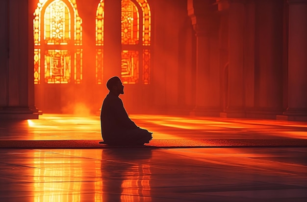 Silhouette di un uomo musulmano seduto con le mani alzate e che prega in moschea con il concetto islamico
