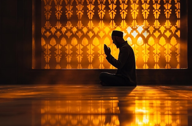 Silhouette di un uomo musulmano seduto con le mani alzate e che prega in moschea con il concetto islamico
