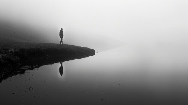 Silhouette di un uomo solitario in un misterioso paesaggio di lago nebbioso