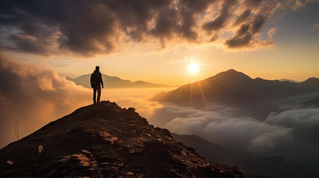 Silhouette di un uomo sulla cima della montagna Tramonto tra le nuvole