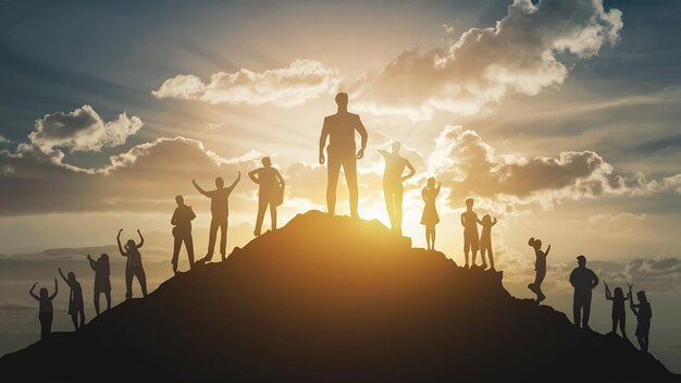 Silhouette di un uomo sulla cima di una montagna sopra il cielo e la luce del sole successo aziendale successo di leadership