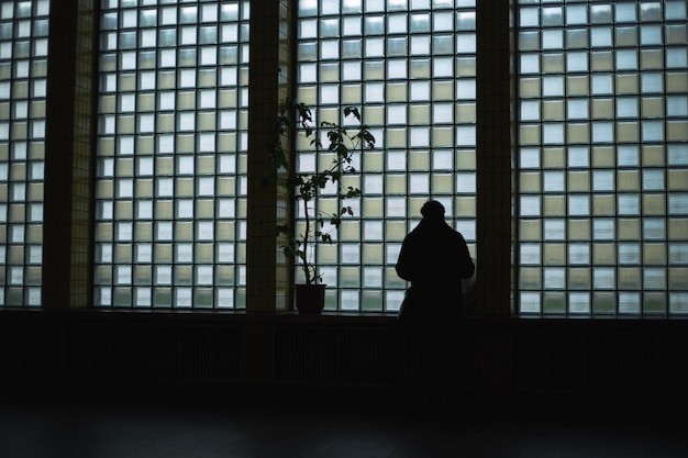 Silhouette di un uomo sullo sfondo di una grande finestra