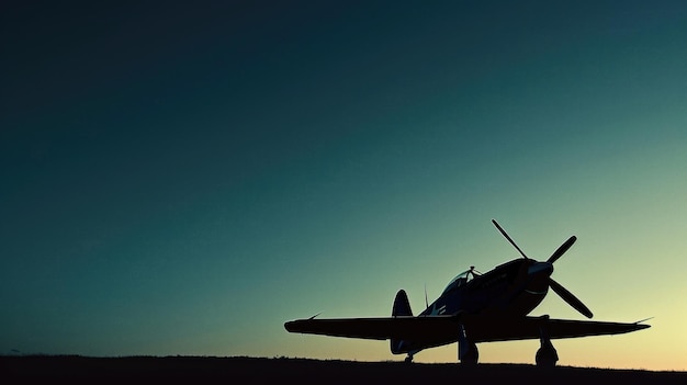 Silhouette di un vecchio aereo da combattimento contro il cielo al crepuscolo che evidenzia l'elica e le ali distintive